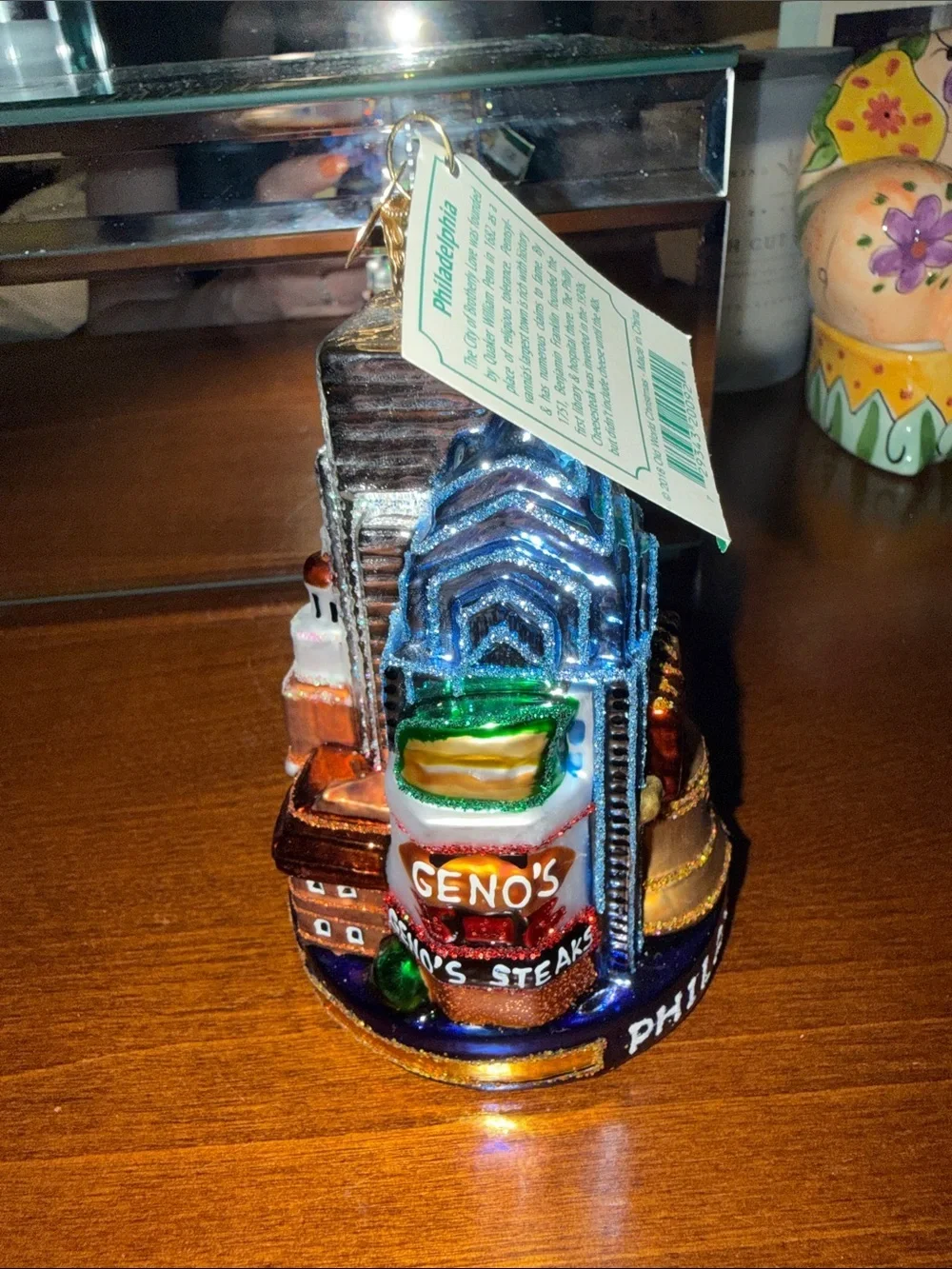 Hand-Painted Multicolor Holiday Ornament - Decorative Philadelphia Cityscape